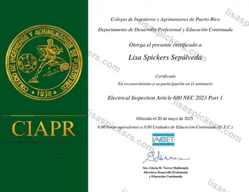 Certificado de Electrical Inspection Article 680 NEC 2023 Part 1, emitido por Colegio de Ingenieros y Agrimensores de Puerto Rico (CIAPR) — Departamento de Desarrollo Profesional y Educación Continuada