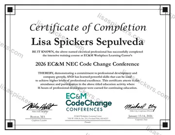 Certificado de 2026 EC&M NEC Code Change Conference, emitido por EC&M Workplace Learning Center